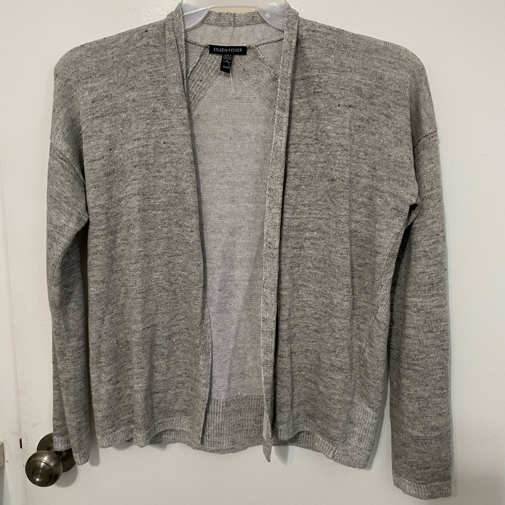 Eileen Fisher 100% Organic Linen long sleeve Gray Open front Cardigan sweater XS